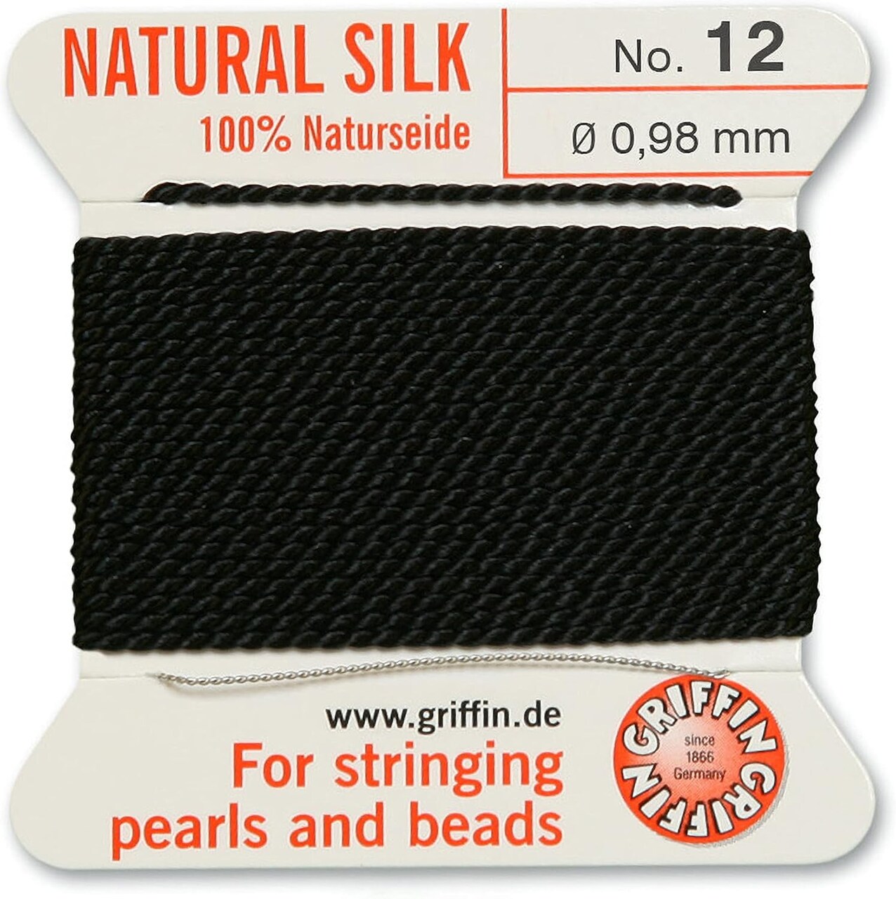 Griffin Silk Bead Cord Perlseide – Size 12 (0.98mm) – 2 Meters per Card – Stainless Steel Needle Attached – for Knotting Pearls, Gemstones, Crystals and Beads